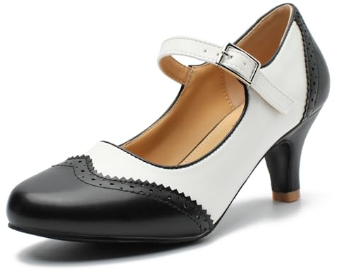 Rjclyh Women's Mary Jane Double-Tone Oxford Pumps Comfortable Low Kitten Heels Retro Ankle Strap Round Toe Dress Shoes Black & White US 11