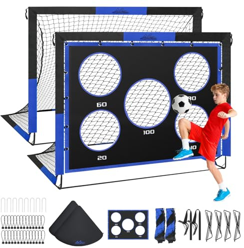 MoKo Porta da Calcio per Giardino, 2 Pezzi 5×4 FT Pop-Up Rete da Calcio di Grandi con Pannello Bersaglio, Attrezzatura di Allenamento Calcio Portatile per Bambini, Gioco Sportivo Esterno, Nero+Blu