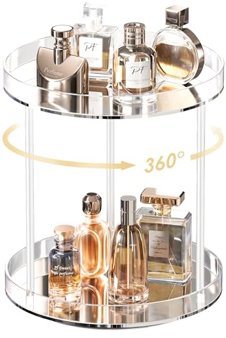 Lolalet Présentoir Parfum Rotatif à 2 Niveaux, Organisateur de Cosmétiques, Acrylique, Rangement Parfum et Maquillage pour Commode de Salle de Bain -Grand