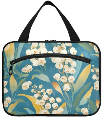 Lily of The Valley Turquoise Background Hanging Toiletry Bag Travel with Hook, Designer Unisex Hanging Toiletry Bags for dad Cruises bolso para maquillaje L