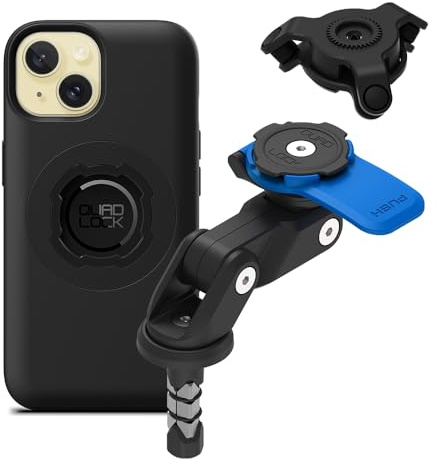 QUAD LOCK Gabelschaft-Handyhalterung (V2) für Motorrad mit Vibrationsdämpfer und MAG Hülle für iPhone 15