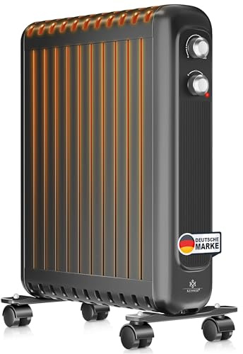 KESSER Radiador de aceite eléctrico con 2500 W de potencia, carcasa protectora y ruedas de 360°, portátil, sin mantenimiento, ideal para habitaciones de 25 m², color negro