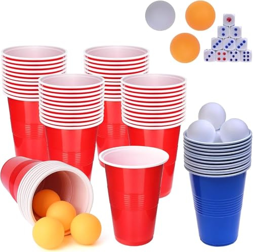 YTLSDHF 46 Pcs Red Cups, Pong Game Set, Pong Cups, 30 Red Blue Plastic Cups Reusable Plastics Party Cup With10 Dice With 6 Table Tennis, Used Suitable For Party Games, Family Gatherings