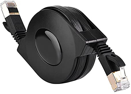 BONKZEBU Retractable CAT7 RJ45 Ethernet Cable 10Gbps High Speed 600MHz Shielded Flat LAN Network Cord with Gold Plated Connectors for Laptop Router Switch Computer Black 1.5m
