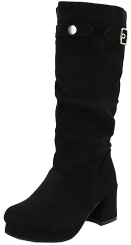 XINXINIO Botines para mujer, tacón de cuña con tacón de bloque de 6,5 cm y plataforma de 1,5 cm, detalle de metal para retro chic en la oficina y el día a día, Negro , 38 EU
