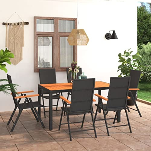 QJBSAVVA Gartenmöbel Set 7-TLG. Schwarz Braun, 150x90 cm Esstisch + 6 Stühle, verstellbare Rückenlehne, PE-Rattan & WPC, leicht & stabil für Garten Balkon Terrasse