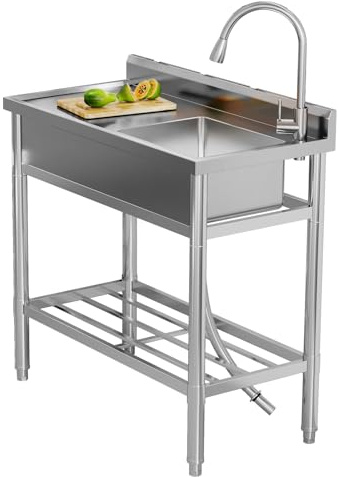 Diskbänk i rostfritt stål 76 x 41 x 76 cm, fristående diskbänk 1 handfat, kommersiellt diskbänk med kran kallt och varmt vatten, för tvättstuga utomhuskök gastrobutik restaurang
