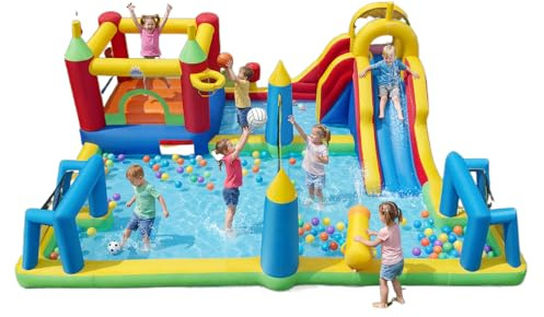 Inflatable Water Slide Bounce House Water Park with Splash Pool, Climbing Wall, Volleyball Net, Water Guns, Obstacle Course for Kids, Outdoor Backyard Fun