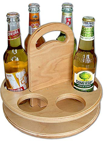 Bierträger Holz Tablett - Flaschenträger Buchenholz lackiert, rund & robust, fertig montiert - zum Tragen & verschenken v. Bierflaschen, Männer-Geschenkidee Bier-Liebhaber & Grillparty