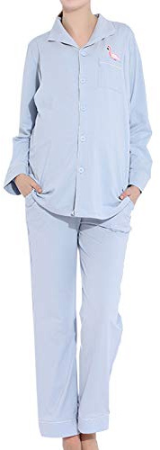 Elonglin Femmes Ensembles Pyjama de maternité en Coton pour hôpital Pyjama d'allaitement Enceintes et allaitantes Vêtements de Nuit Grossesse Manches Longues et Pantalon Bleu Taille M