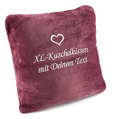 Kuschelkissen mit Namen XL-Größe, flauschig plüsch, Schmusekissen personalisiert mit Text und Herz Stickerei, romantisches Geschenk für Mädchen, Frau, Freundin, Geburtstag, Weihnachten (wild berry)