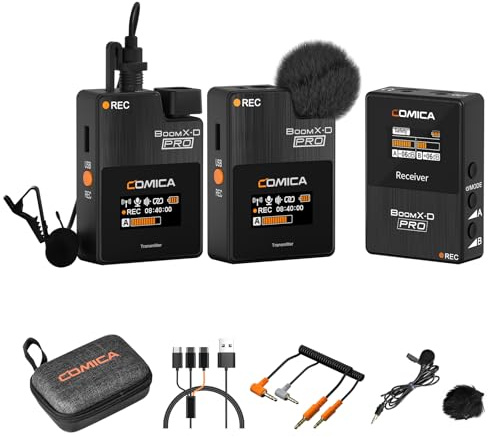 Comica BoomX-D PRO 2.4G Wireless Lavalier Mikrofon, 16GB On-Board Recording, Rauschunterdrückung mit Einem klick, Funkmikrofon Ansteckmikrofon für Kamera, Smartphone, PC, Live Stream(Schwarz)