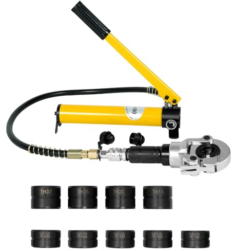 BJTDLLX Hydraulische Presszange Hydraulik Crimpzange V-T Kontur Radialpresse Kupferrohr 360° Verbundrohr inkl. V 12-28mm TH 16-32mm Pressbacken