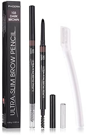 2 Packs Ultra Slim Eyebrow Pencil, Micro Brow Definer Pencil with eyebrow razors, Waterproof, Long-lasting, Precise Fine Tip Applicator for Perfect Brows, Dark Brown