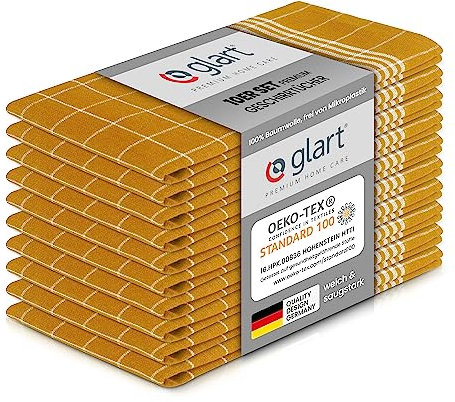 Glart 48YI2 Set of 10 Kitchen Towels 50x70 cm, 100% Cotton in Yellow, OEKO-TEX Standard 100 Certified, Lint-free, Washable, Pre-washed for Kitchen and Dishwashing