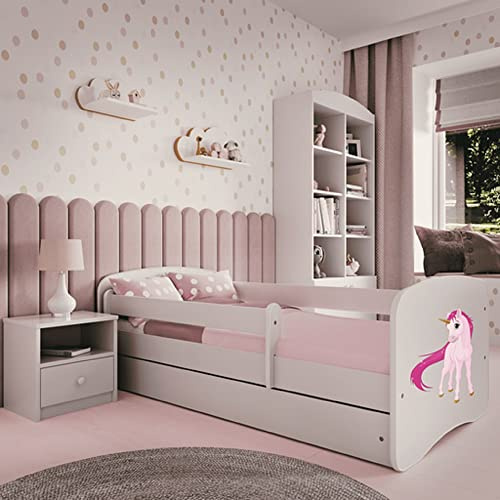 Kids Collective Kinderbett 80x160 cm mit Matratze, Rausfallschutz, Lattenrost & Schublade in weiß 80x160 Mädchen Bett rosa Einhorn | von 3. bis 10. Lebensjahr
