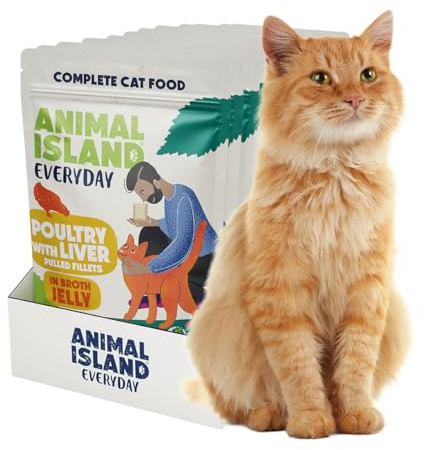 Animal Island Everyday Komplett Våtfoder för Vuxna Katter Strimlat Fjäderfäkött med Kycklinglever i Gelé av Riktig Buljong Saftig Textur Portionspåse, 12 x 85g
