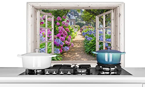 MuchoWow Credence Hortensia - Transparent - Fleurs - Été - Mauve - Chemin Fond de hotte 90x60 cm Credence Aluminium Plaque INOX de Cuisine