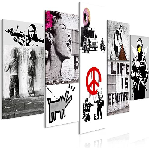 B&D XXL - Wandbilder XXL Banksy Collage 200x100 cm Vlies Leinwandbild 5 tlg Kunstdruck modern Wandbilder XXL Wanddekoration Design Wandbild - Street Art Graffiti Abstrakt Urban Mural