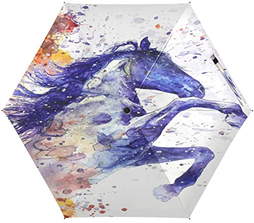 KAAVIYO Aquarell Blaues Pferd Regenschirm UV-Schutz Taschenschirm Umbrella Klein Leicht Schirm Kompakt Schirme für Mädchen Reise Strand Frauen