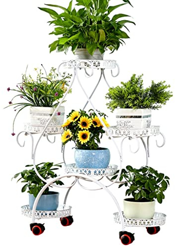 Scaffale per La Decorazione della Casa Portafiori Multistrato in Ferro Battuto Fioriera Mobile con Ruote Balcone Soggiorno Pavimento Pianta Vaso di Fiori Stand Scaffali Porta Piante (Color : Bianca,