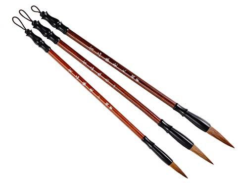 PATIKIL Cinese Calligrafia Pennelli, 3pz Acquerello Inchiostro Pittura Scrittura Pennello Disegno Arte Sumi-e Pennello Legno Manico per Principiante, 3 Dimensioni Kit, Marrone