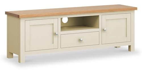 Farrow Cream 140cm Wide TV Unit for Living Room | Roseland Furniture Large Painted Television Stand Cabinet Solid Wooden with Oak Top for TVs up to 63 inches, Fully Assembled