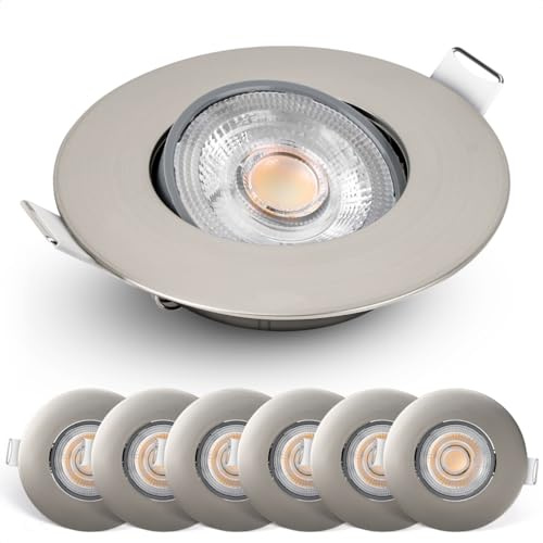 EMOS LED Einbaustrahler 230V Dimmbar, 4,9W / 480lm, 50° Schwenkbar, Warmweiß 2700K | Set mit 6 Stück LED Spots 230V Ultraflach, Rund | Deckenspots Dimmbar für Innenräume, Silber