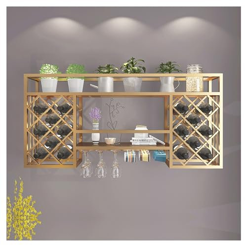 Weinregal Metall Flaschenregal Wand Schmal Wine Rack Bar Regal Wand Barschrank Vitrine Hängend Weinschrank Getränkeregal Küchenregal Mehrzweckregal mit Weinglashalter ( Color : Gold , Size : 140*25*60