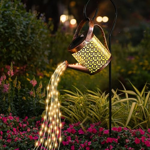 Solar Gießkanne Wasserfall, LED Lichter with Schäferhaken, Solarstecker Gartenbeleuchtung Licht, Außen Wasserdicht Gartendeko für Garten Hofweg Balkon Terrasse