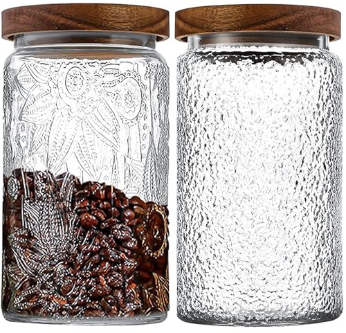 DXQCHDUO Barattolo di vetro vintage, 963,9 g/2 pezzi, con coperchi ermetici in legno di bambù, contenitori per alimenti in vetro per cucina, dispensa, caffè, chicchi di tè, avena, caramelle (motivo