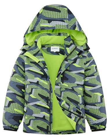 KFRRZC Boys Winter Waterproof Ski Jacket Kids Fleece Lined Warm Snow Coat with Detachable Hood(Green Grey,9-10)