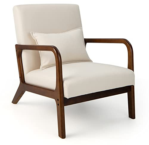 COSTWAY Sessel Wohnzimmer, Loungesessel gepolstert, Moderner Akzentstuhl Holz mit Armlehnen, Einzelsofa für Wohnzimmer, Schlafzimmer, 65 x 79 x 77 cm (Beige)
