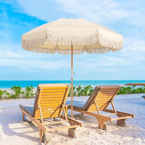 Sonnenschirm Strand Tragbarer Fransenschirm LSF 50+, 1,8 m, Strandschirme für Sand mit Neigung, beige, Terrassenschirm für den Außenbereich, wasserdicht, Tischschirm, strapazierfähig, mit Tragetasche