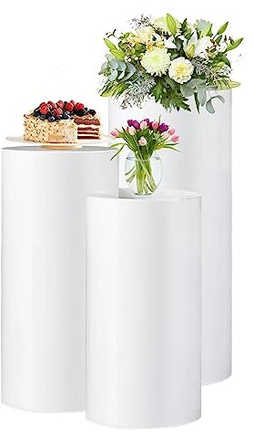 Widppsopt Metallsäulen-Ständer, weiß, Zylinder-Ständer für Partys, Hochzeiten, Geburtstagsdekorationen, Kuchen-Ständer, Lebensmittel-Dessert-Ausstellungsständer, 3er-Set