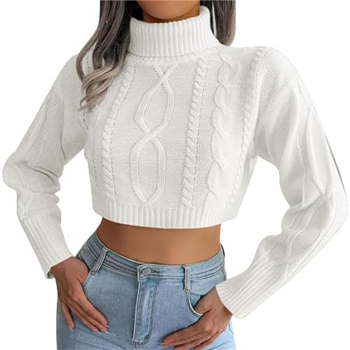 PODOLIXIA Jersey corto de punto para mujer, cuello alto, sin vientre, manga larga, cuello alto, jersey con jacquard de punto fino, parte superior para mujer, suéter informal, Blanco, S
