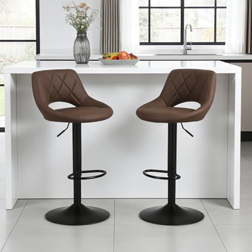 Chummaven Tabouret de Bar Réglable en Hauteur Lot de 2, Chaise de Bar Cuisine en Tissu avec Dos Ouvert, Chaise Haute Moderne Pivotante avec Repose-Pieds, pour Bar et Îlot Central, Marron