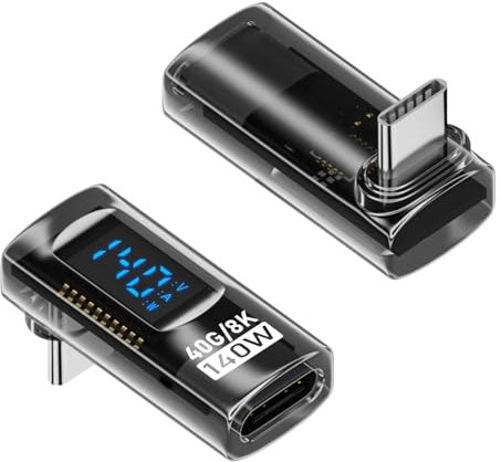 Jadebones 2 Pack USB C Adapter with Digital Display, 90 Degree Right Angle 140W USB-C Male to Female Connector for ROG Ally, Steam Deck and More, Support Voltage, Current and Power Smart LED Display