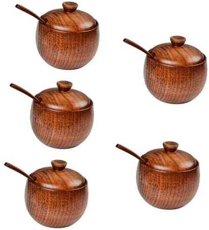 OKUMEYR 5juegos Tarro De Especias De Madera Japonesa Con Cuchara Contenedor De Condimentos Con Tapa Para Almacenamiento De Sal y Especias La Cocina