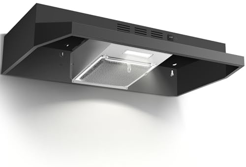 Zomagas 24 inch Range Hood Under Cabinet, Black Kitchen Hood 280CFM, Ducted/Ductless Vent Hood with Rocker Button Control, Stove Hood with 2 Speeds Fan, Bright LED Light