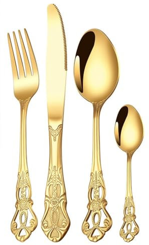 GUHPZA Ensemble De Couverts en Acier Inoxydable 4 Pièces/16 Pièces Ensemble De Couverts pour Hôtel Western Couteau À Steak Fourchette Cuillère Doré 16 Pièces,4 pièces dorées