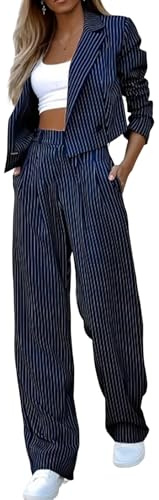 ticticlily Tailleur Femme 2 Pièces Ensemble de Vêtements Blazer à Revers et Pantalon Taille Haute Tailleurs Pantalons Chic et Élégant Habillé Costume Tenue Décontractée A Bleu Foncé L