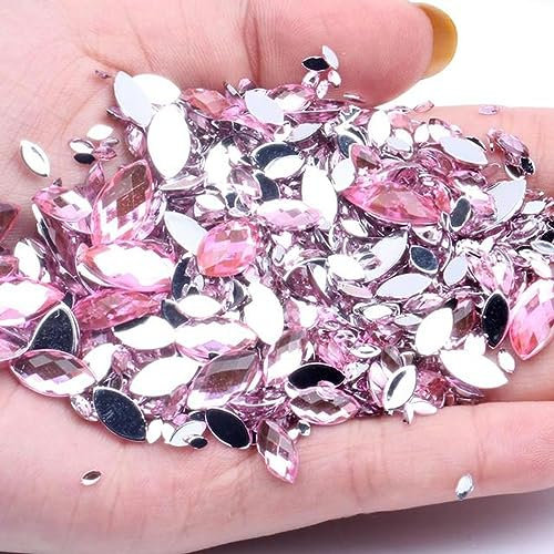 Lot de 300 strass à dos plat en acrylique - Plusieurs tailles - Marquise - Facettes de terre - Perles à coller sur robe - Bijoux et ongles - 02 doré - 6 x 12 mm - 50 pièces 03 - Rose clair - 3 x 6 mm