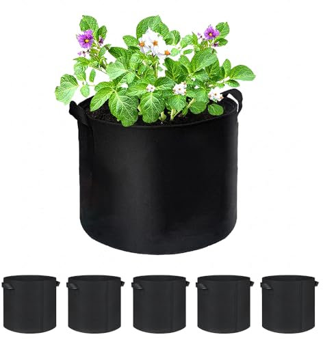 SENECESLI Kartoffelwuchsbeutel 5 Gallone, Hochleistungs -Stoff -Gartenpflanztasche mit Griff, Nicht Gewebte Pflanzer -Potpflanztaschen für Zwiebeln, Obst, Tomate, Karotte, Pilz, Schwarz (5