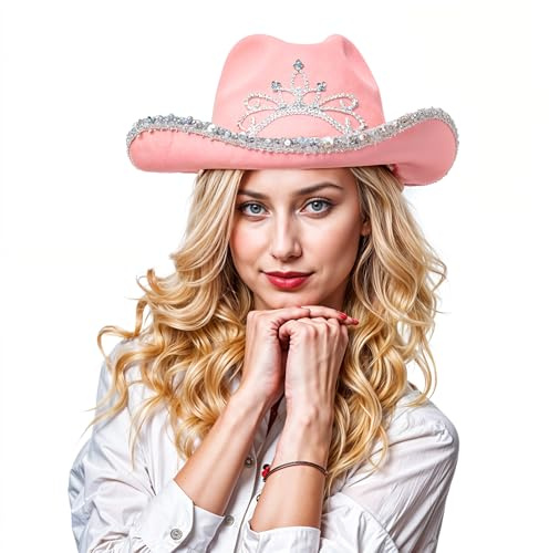 WickedFun Cowboyhut für Damen und Herren - Unisex Erwachsene Texanischer Cowgirl Hut Fasching Party Zubehör, Rosa mit Paillettenbesatz, Einheitsgröße