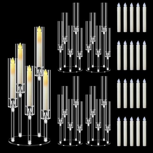 4 Sets 5-armig Acryl-Kandelaber mit 20 Kerzen, MSDADA 58 cm Hoch Klare Kerzenständer mit Schirmen für Tischdeko, Einzug, Kamin, Geschenk, Dinnerparty