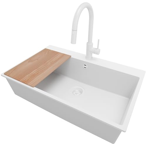 PRIMAGRAN Fregadero Granito Todo Blanco 78x50cm, Cocina 1 Seno + Grifo 40x20cm + Sifón + Tabla de Cortar, Sobre Encimera al Mueble 80cm - Riga S450