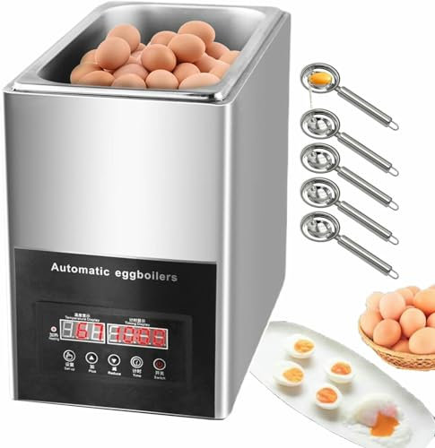 FLTRGO Cuociuova Professionale da 800 W con Filtro per 5 Uova, cuociuova Professionale con Timer da 0 a 99 Minuti, 9 l, Acciaio Inossidabile per Una Facile Pulizia~/