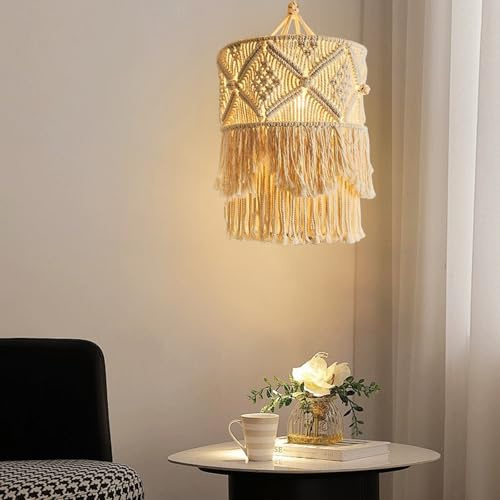 Lirzxin Boho Lampenschirm Hängend, Hängelampe Abdeckung Laterne Korb, Baumwolle Stoff Hand Gemachte Wand Tapisserie Lampenschirm, Deckenleuchte Lichtabde Lampenschirme für Hängelampen