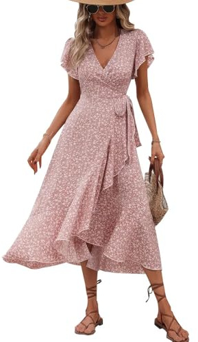 XFSRG Vestido Mujer Florales Manga Cortas Cuello V Elegante Bohemio Verano Casual Largos Vestidos de Playa Noche Fiesta(Rosa/S)